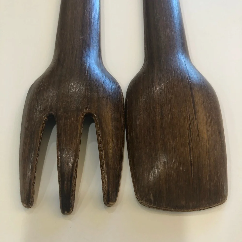 MCM wooden salad servers fork and spoon with decorative metal accents. Geometric